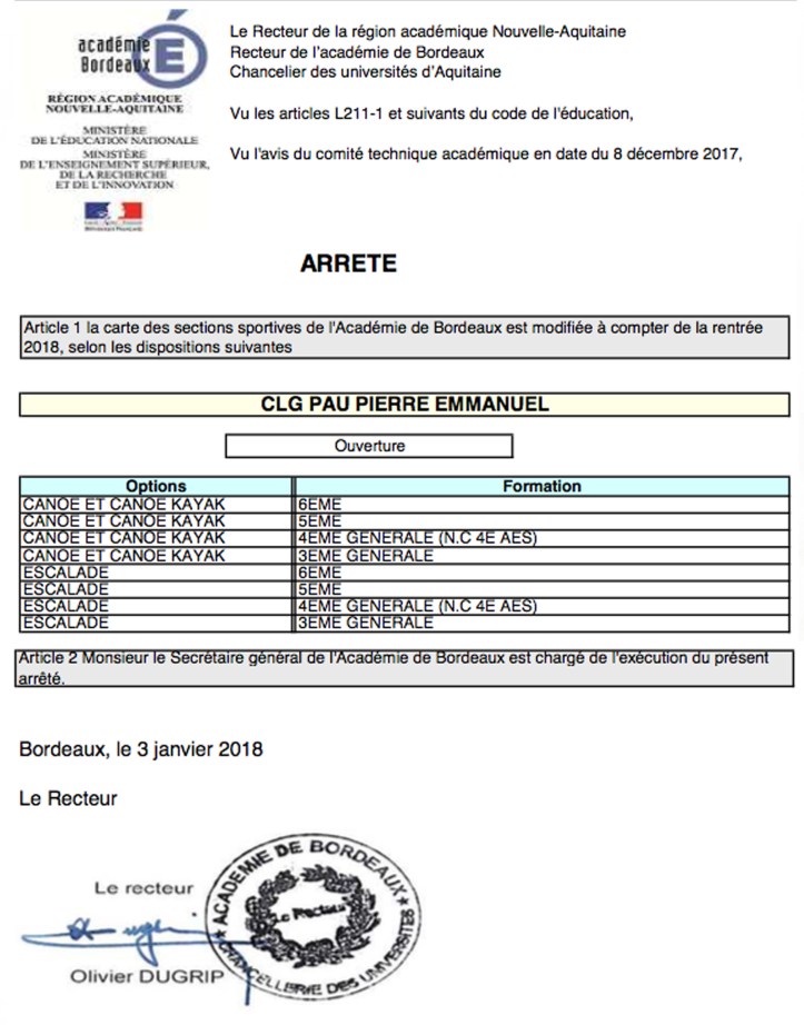 attestation d'ouverture section sportive educative